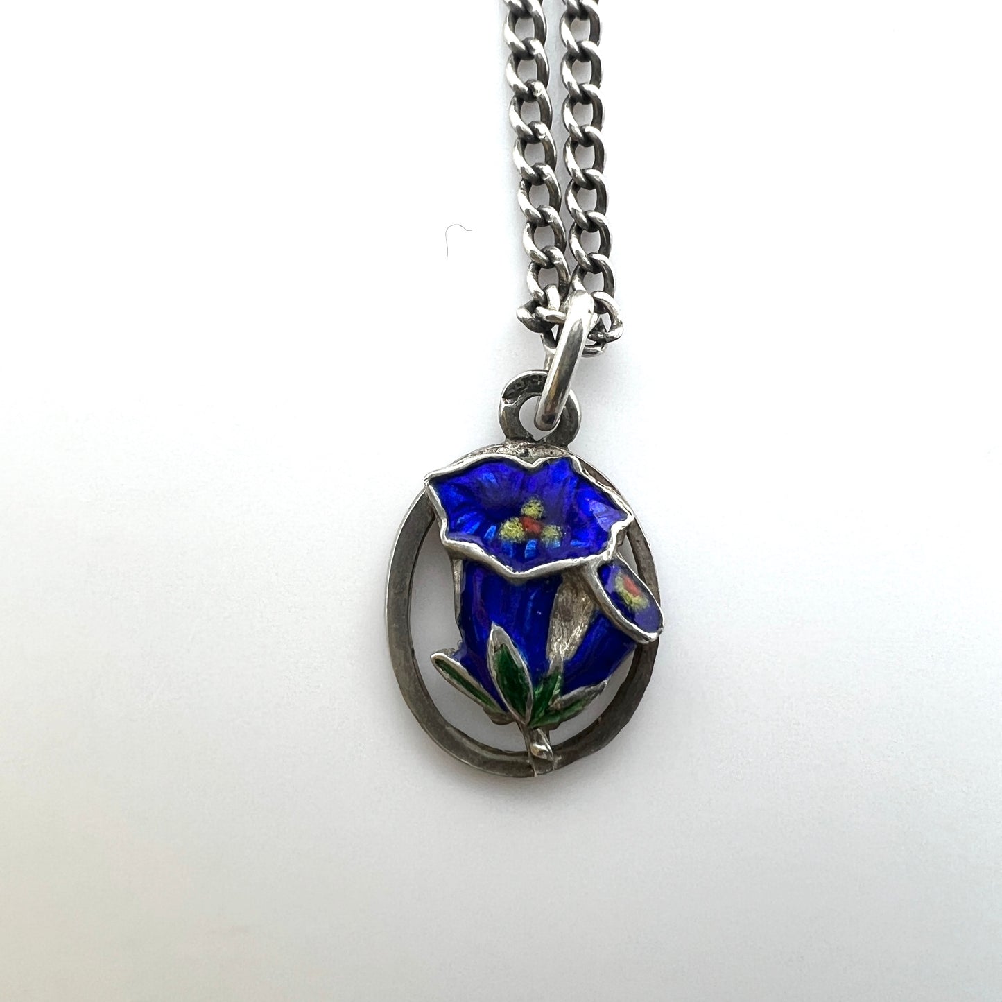 Vintage Solid Silver Enamel Flower Pendant Necklace.