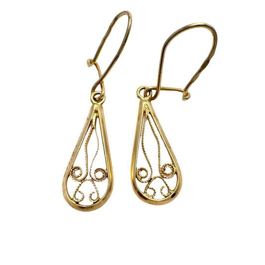 Warsaw Poland. Vintage 14k Gold Filigree Dangle Earrings.