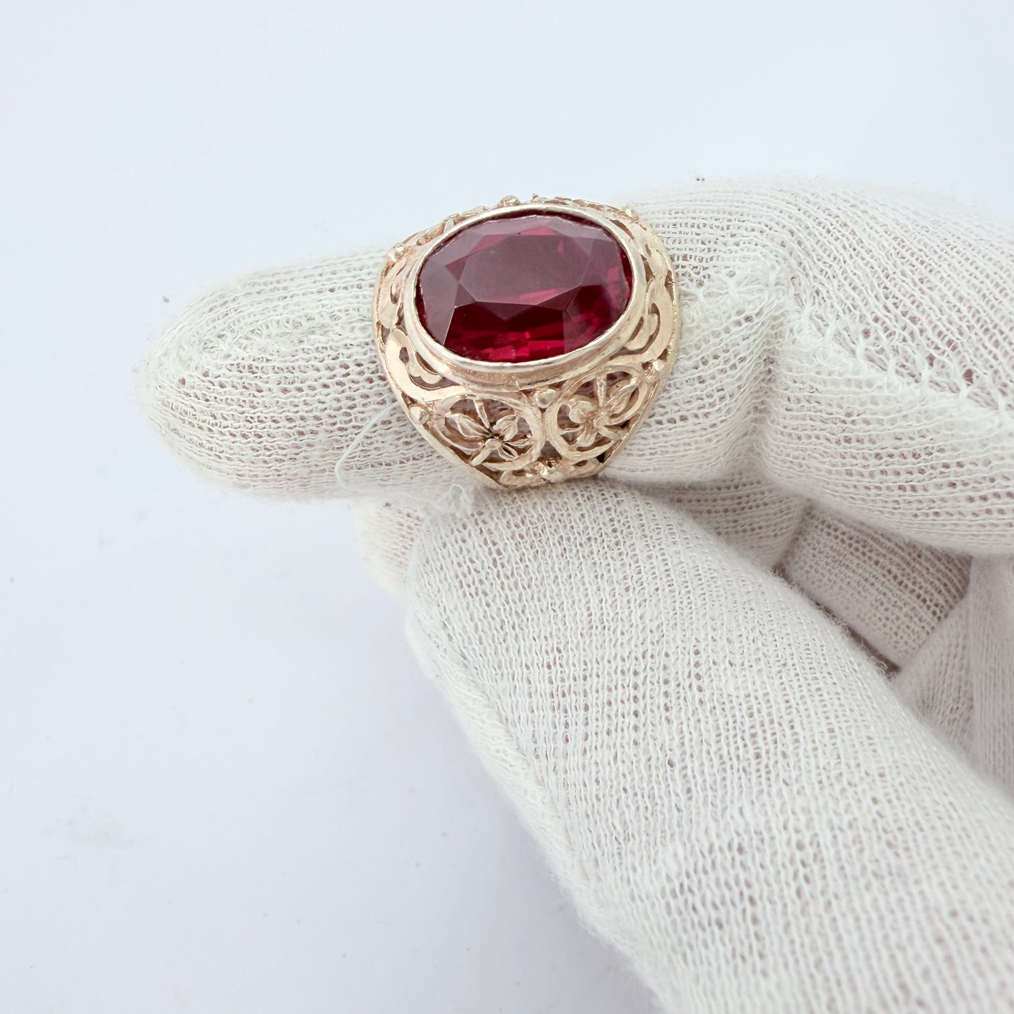 USSR, Soviet-era. Vintage Solid Silver Synthetic Ruby Ring.