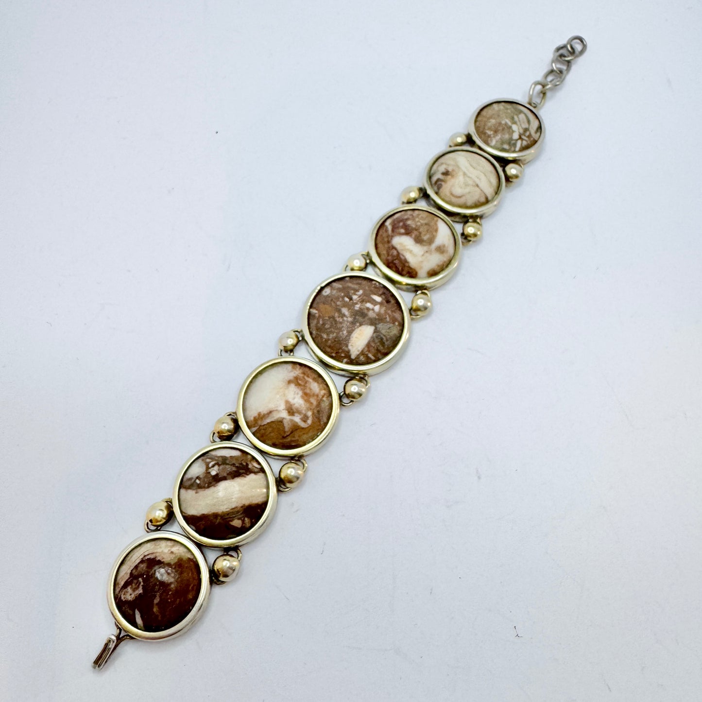 Sweden year 1890. Antique Victorian Solid Silver Limestone Marble Bracelet.