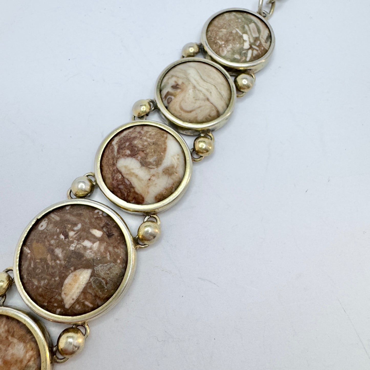 Sweden year 1890. Antique Victorian Solid Silver Limestone Marble Bracelet.