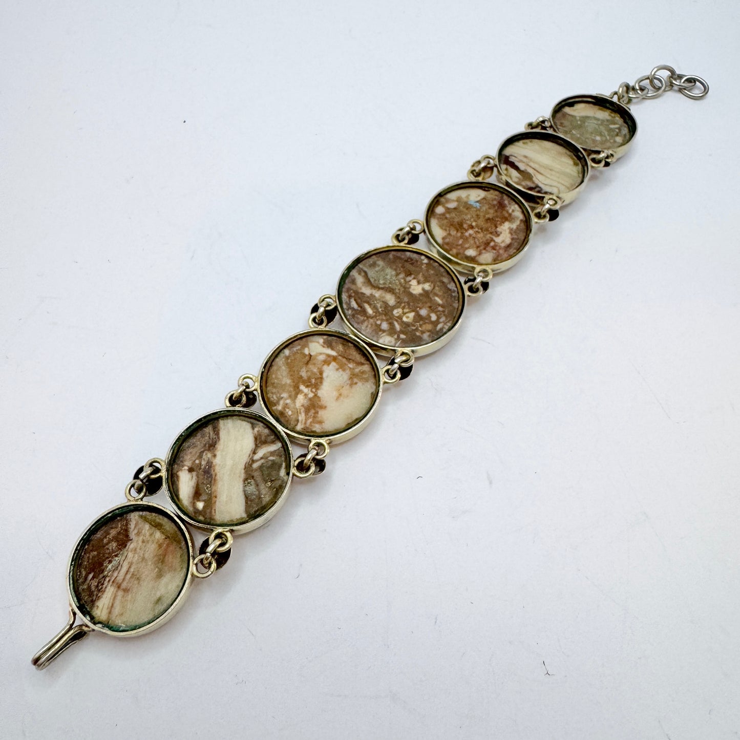 Sweden year 1890. Antique Victorian Solid Silver Limestone Marble Bracelet.