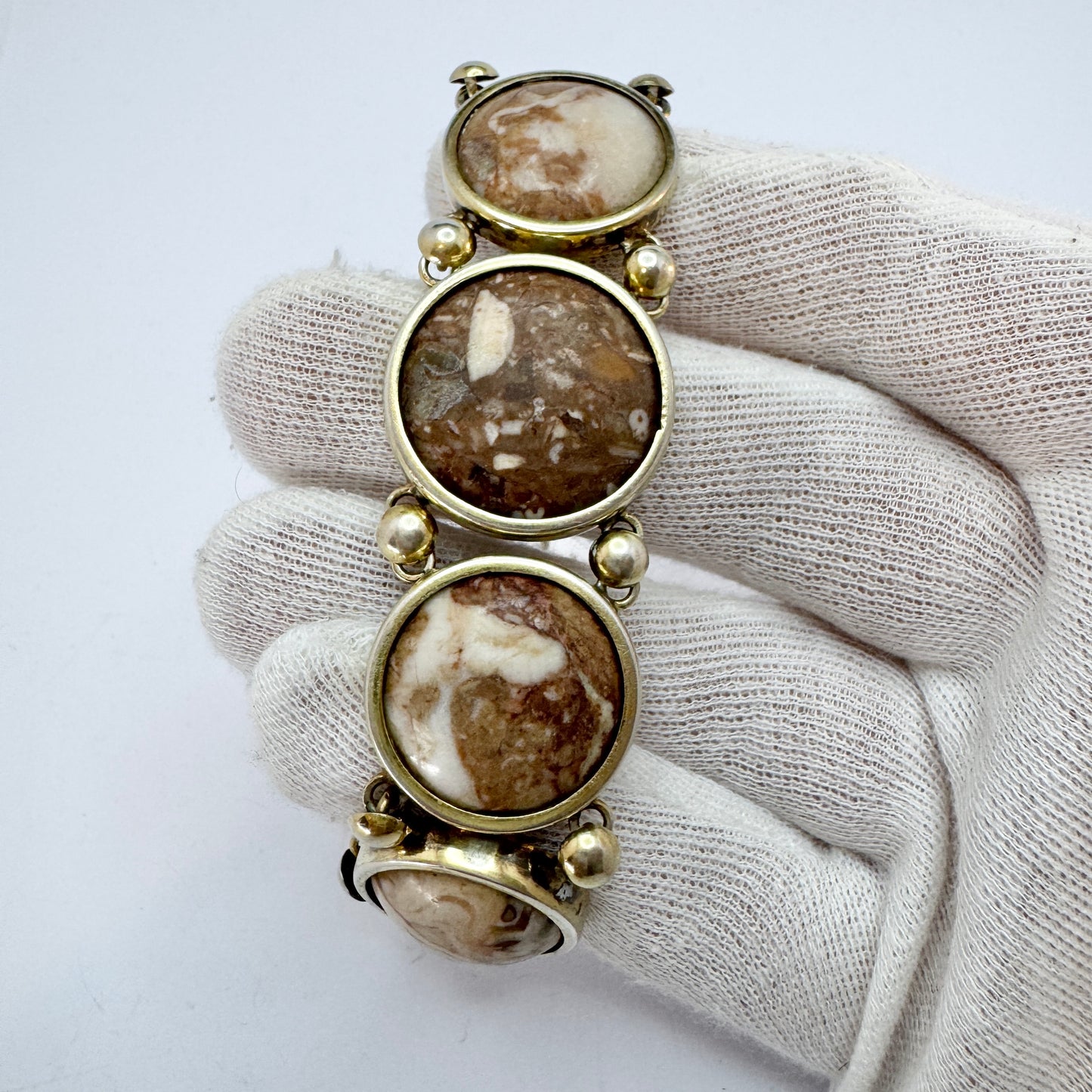 Sweden year 1890. Antique Victorian Solid Silver Limestone Marble Bracelet.