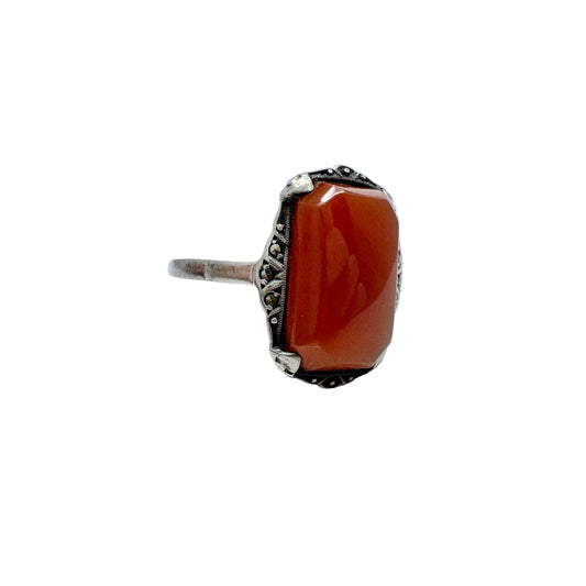 Vintage c 1930. Art Deco Solid Silver Carnelian Marcasite ring.