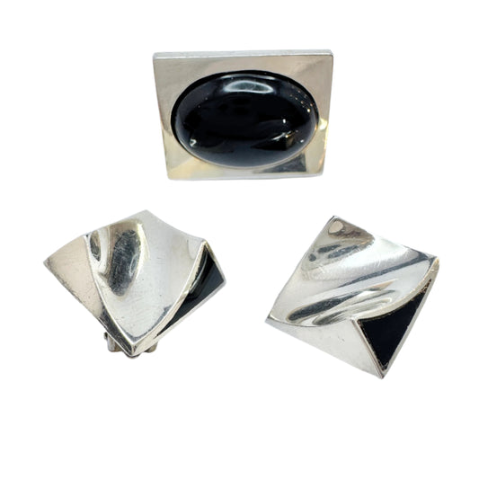 Per Norlin, Exign, Sweden. Vintage Sterling Silver onyx Rng + Earings.
