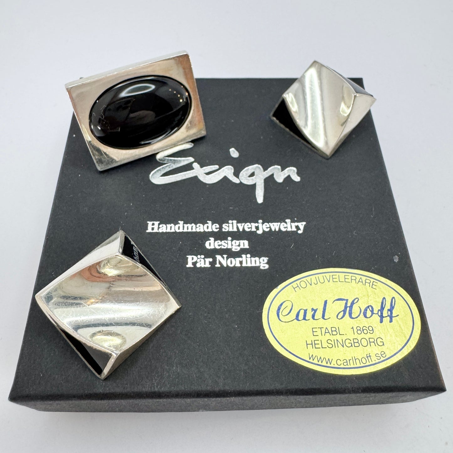 Per Norlin, Exign, Sweden. Vintage Sterling Silver onyx Rng + Earings.