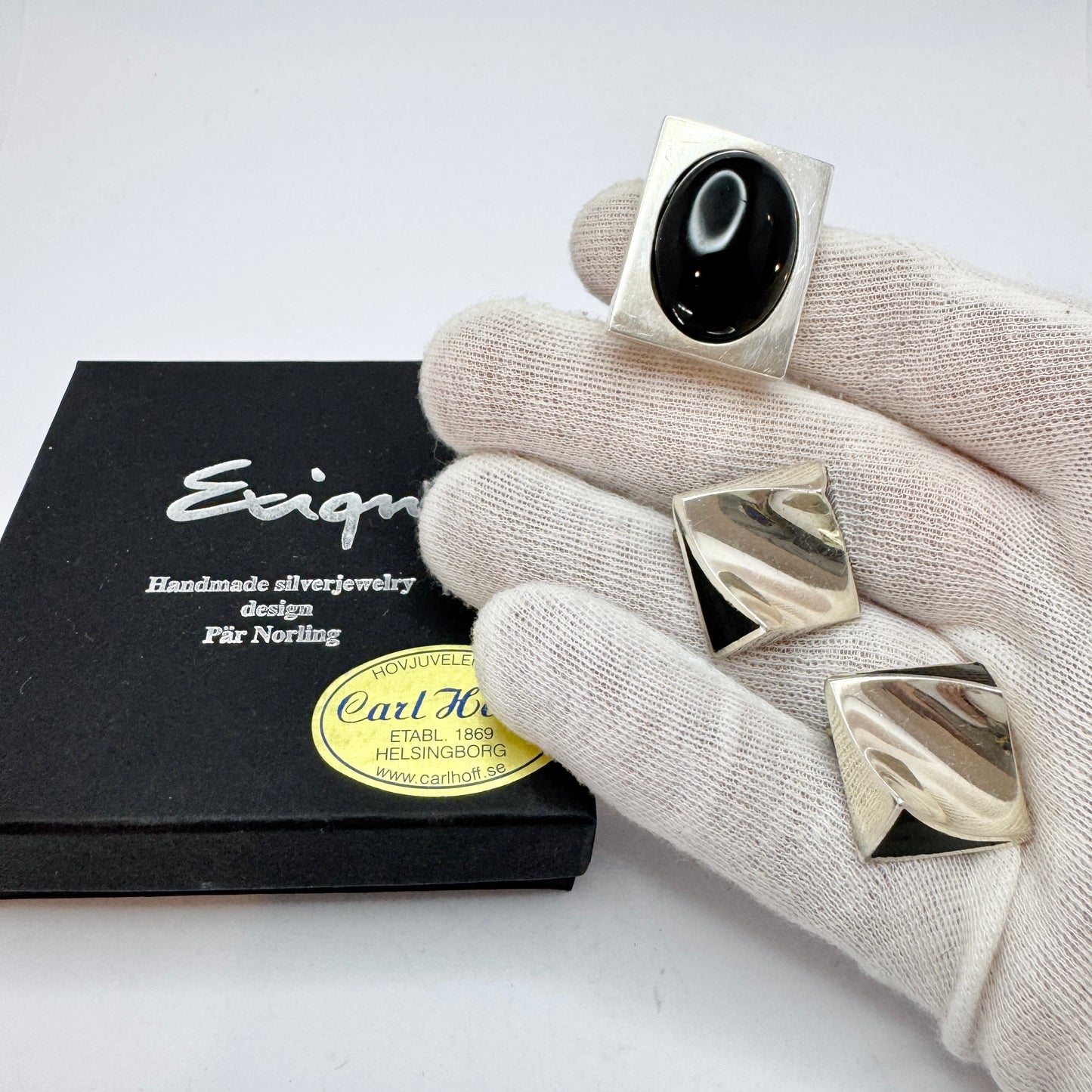 Per Norlin, Exign, Sweden. Vintage Sterling Silver onyx Rng + Earings.