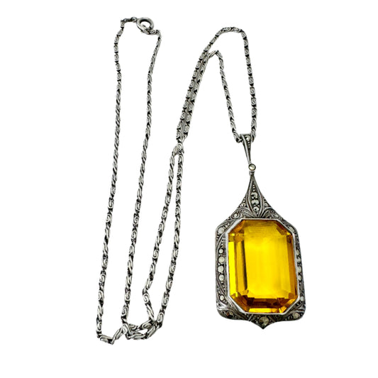 Kollmar & Jourdan, Germany Vintage Art Deco Solid Silver Citrine Marcasite Pendant Necklace.