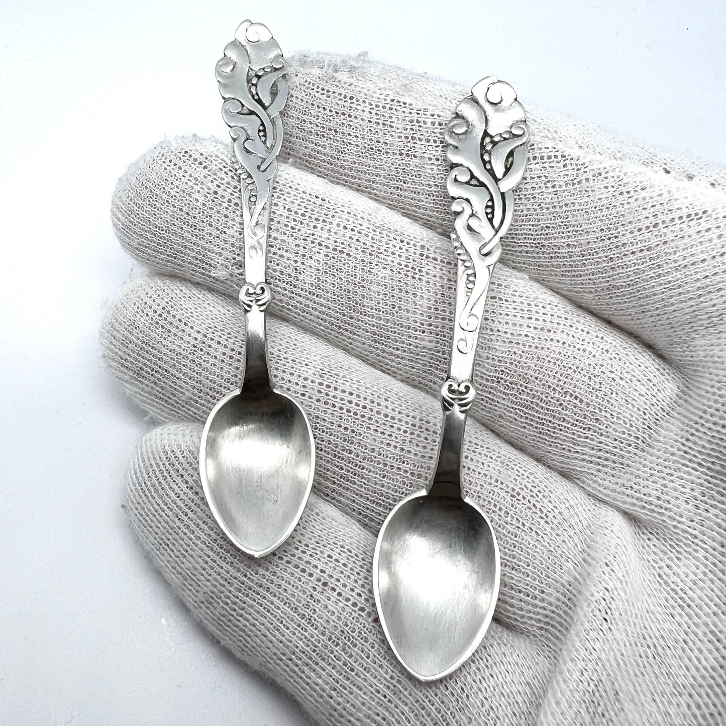 Denmark 1919. Antique Art Nouveau Solid Silver Pair of Salt Spoons.