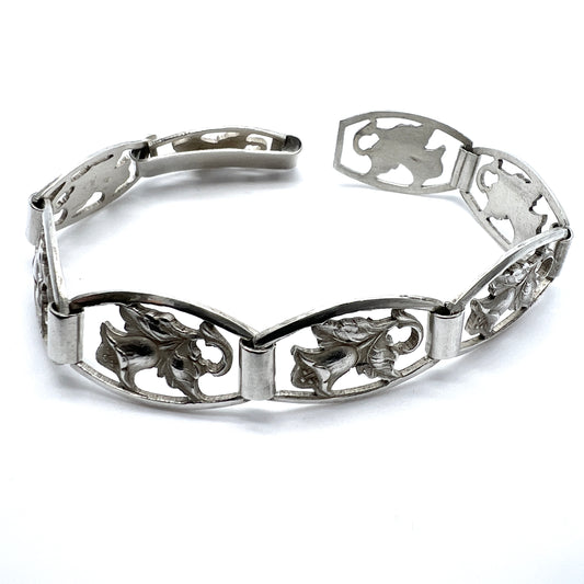 Herman Wist, Finland 1945. Vintage Solid Silver Floral Link Bracelet.