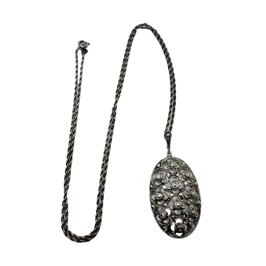 Sweden 1940s. Vintage Solid Silver Marcasite Pendant Necklace.