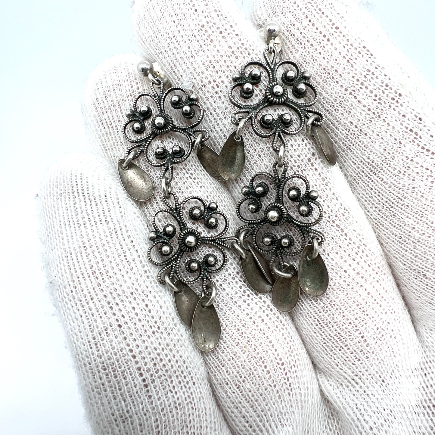 Scandinavia c 1940-50s. Solid Silver Traditional Earrings.