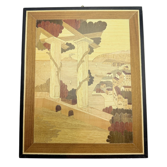 Vintage Mid-century Intarsia Wood Inlay Wall Art. Italian Motif.