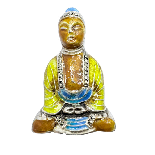 Vintage Sterling 935 Silver Enamel Marcasite Meditating Female Brooch.