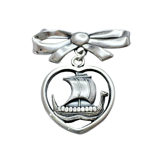 Carl Ove Frydensberg, Denmark 1950s. Vintage Silver Viking-ship Heart Ribbon Brooch.