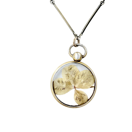 CG Hallberg, Sweden 1913. Antique Silver Four-leaf clover Locket + Long Chain.