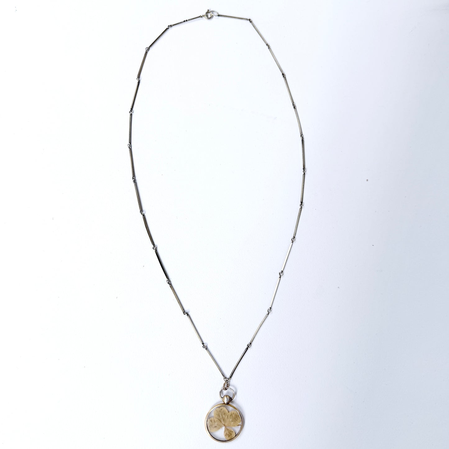 CG Hallberg, Sweden 1913. Antique Silver Four-leaf clover Locket + Long Chain.