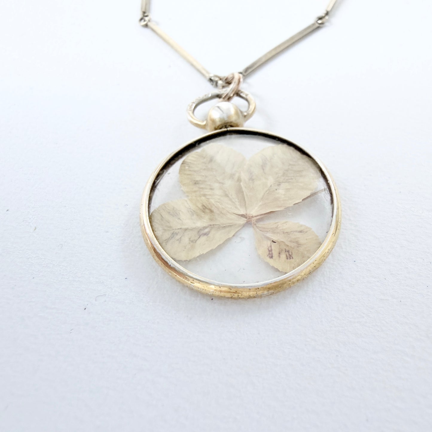 CG Hallberg, Sweden 1913. Antique Silver Four-leaf clover Locket + Long Chain.