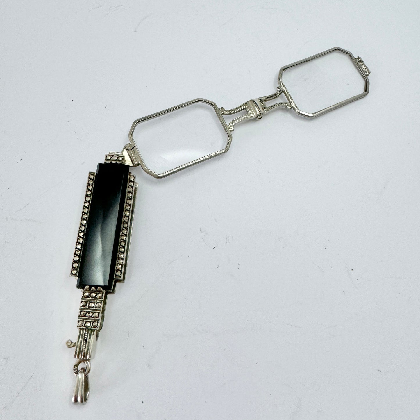 Art Deco c 1930. Solid 835 Silver Onyx Marcasite Lorgnette Pendant