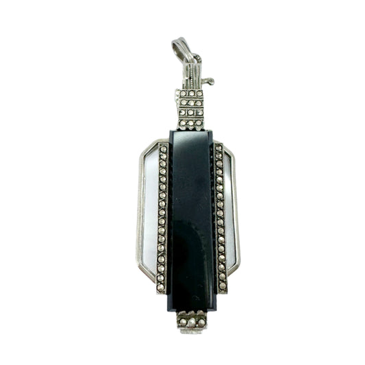 Art Deco c 1930. Solid 835 Silver Onyx Marcasite Lorgnette Pendant