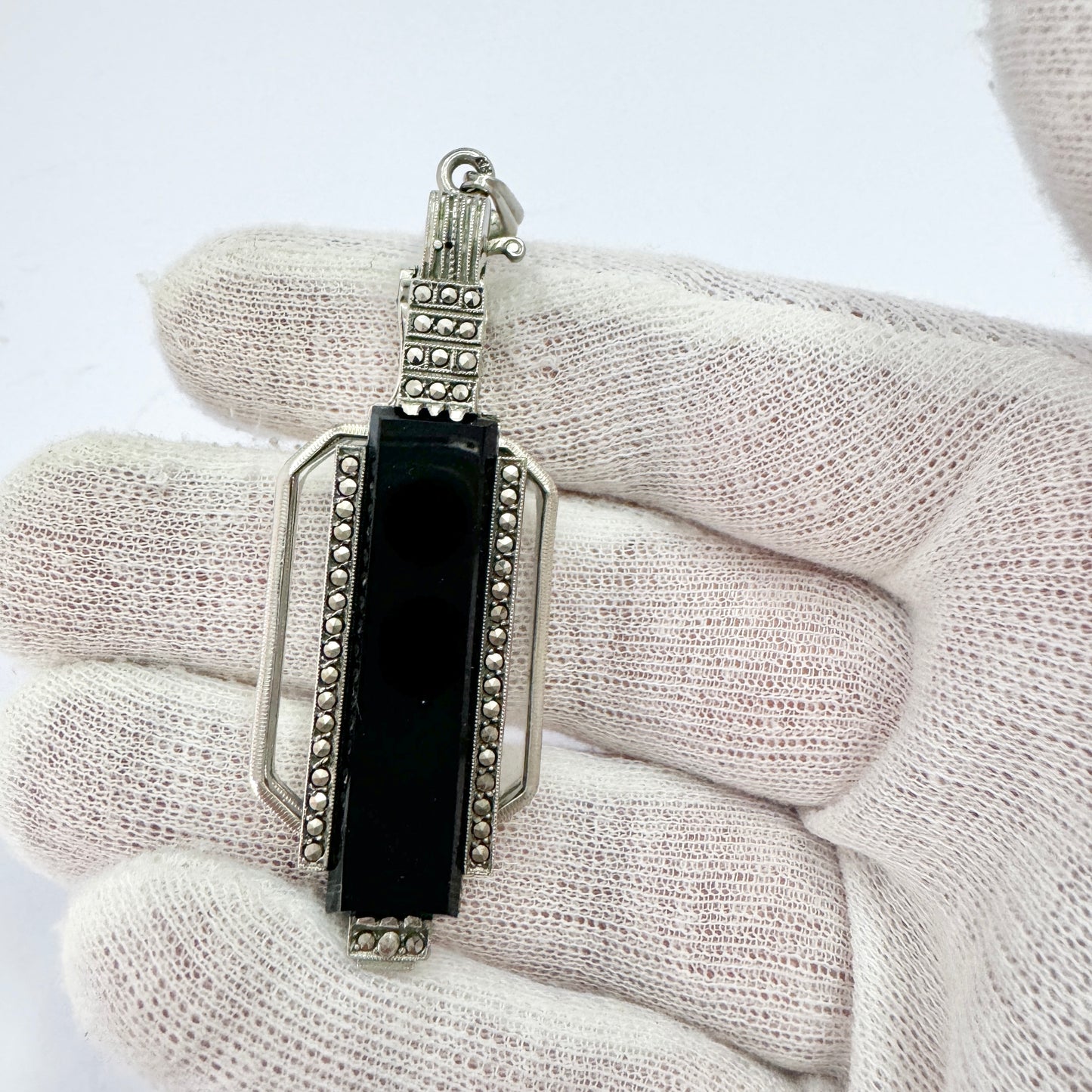 Art Deco c 1930. Solid 835 Silver Onyx Marcasite Lorgnette Pendant