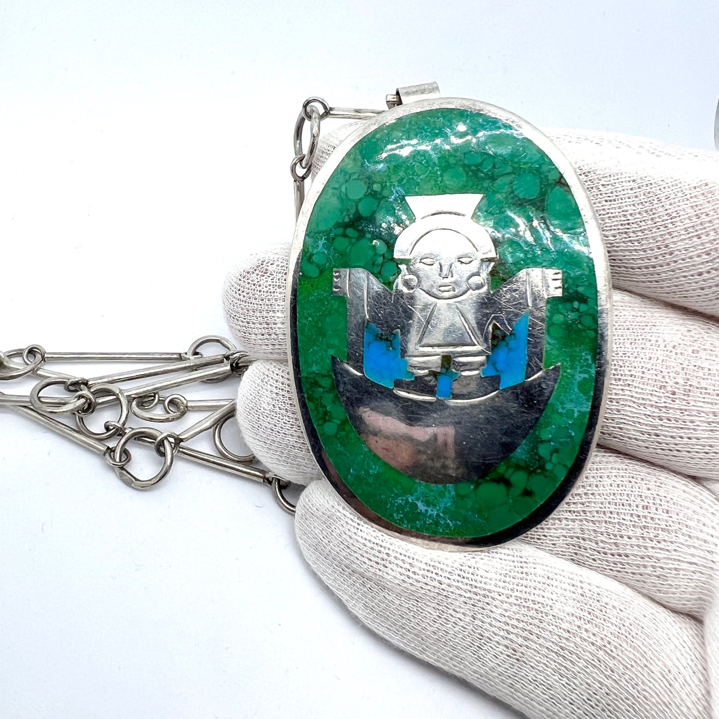 Graziella Laffi, Peru. Very Large Vintage Sterling Silver Enamel Pendant Necklace.