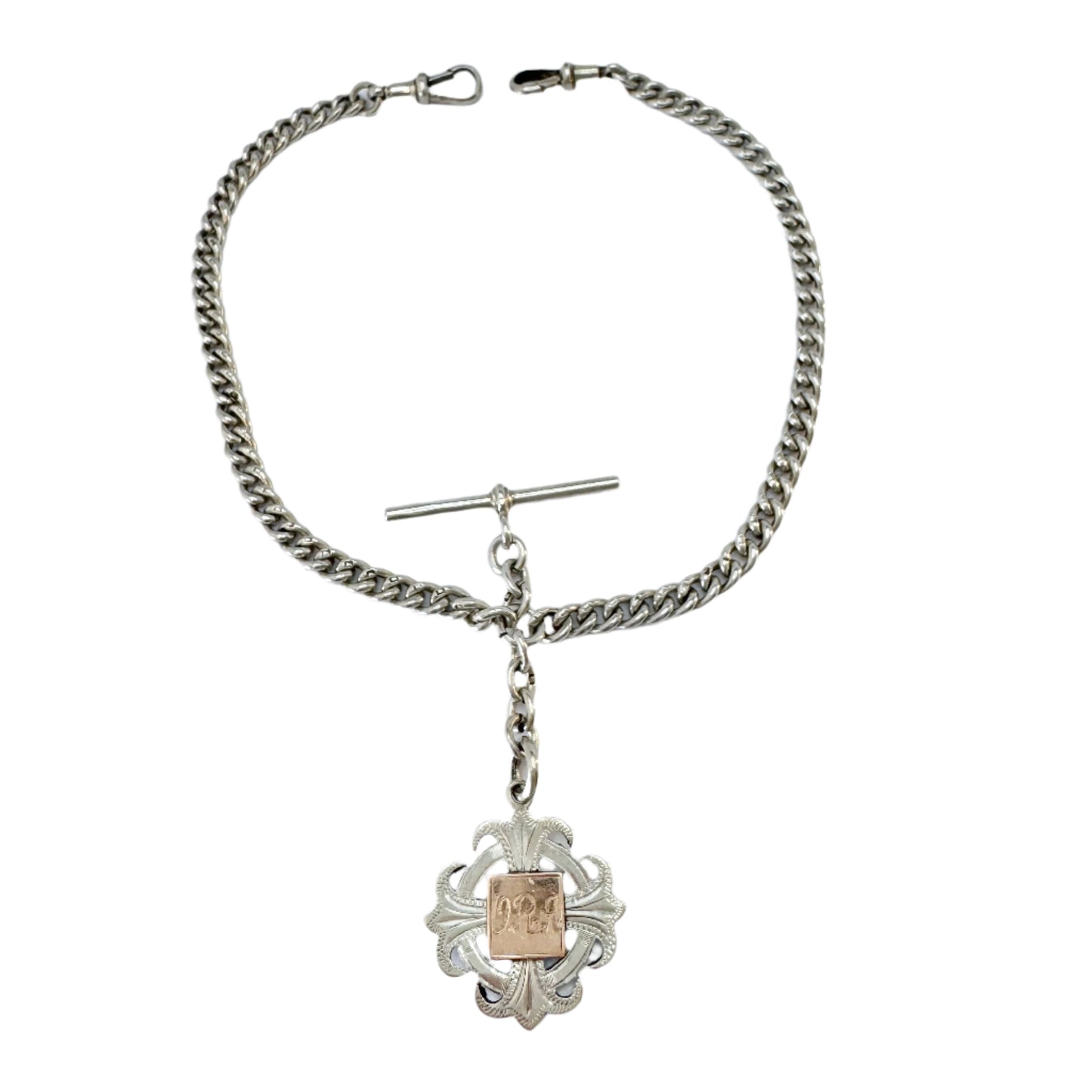 Antique Sterling Silver Curb-link T Bar Albert Chain