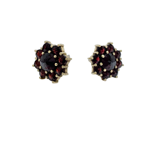 Vintage Solid Silver Garnet Cluster Stud Earrings.