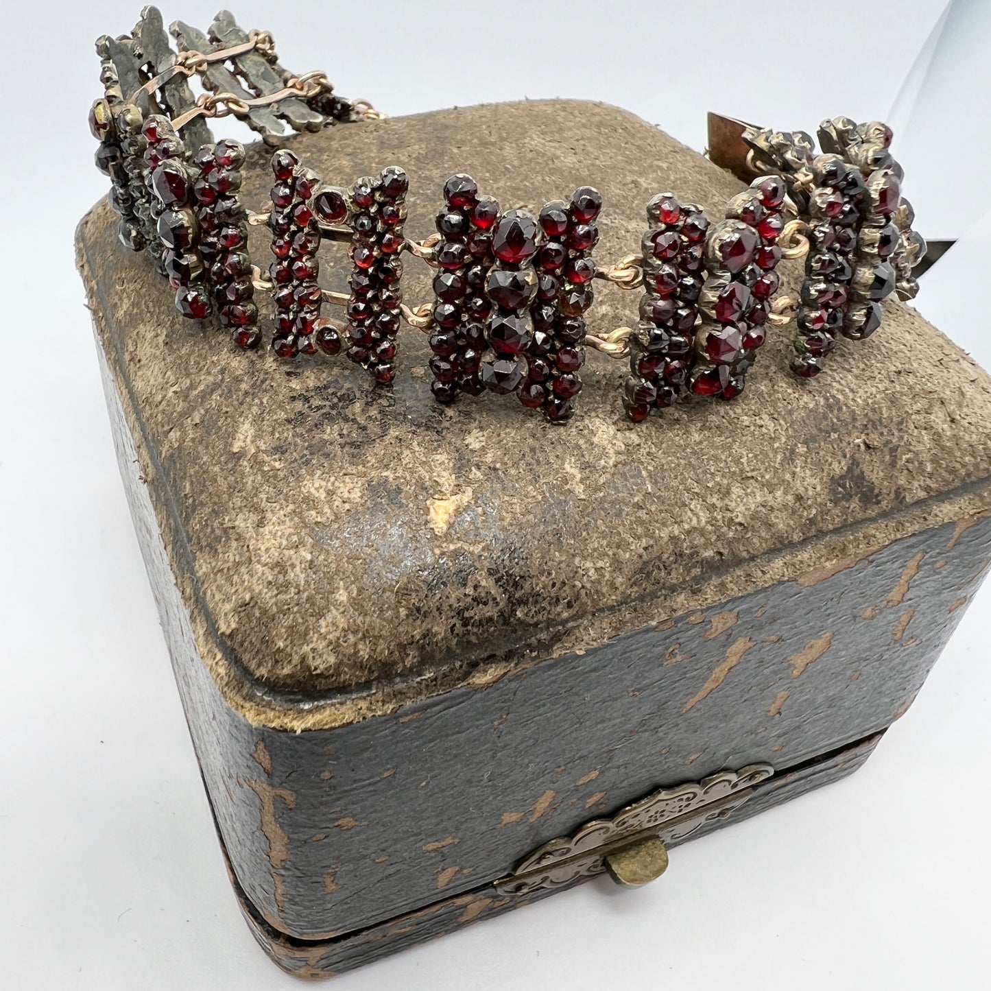 Antique Victorian Bohemian Garnet Gilt Silver Bracelet. Boxed.