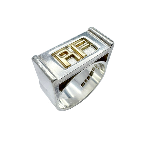 Claes E Giertta, Sweden. Chunky Sterling Silver 18k Gold Men's Signet Ring. Signed.