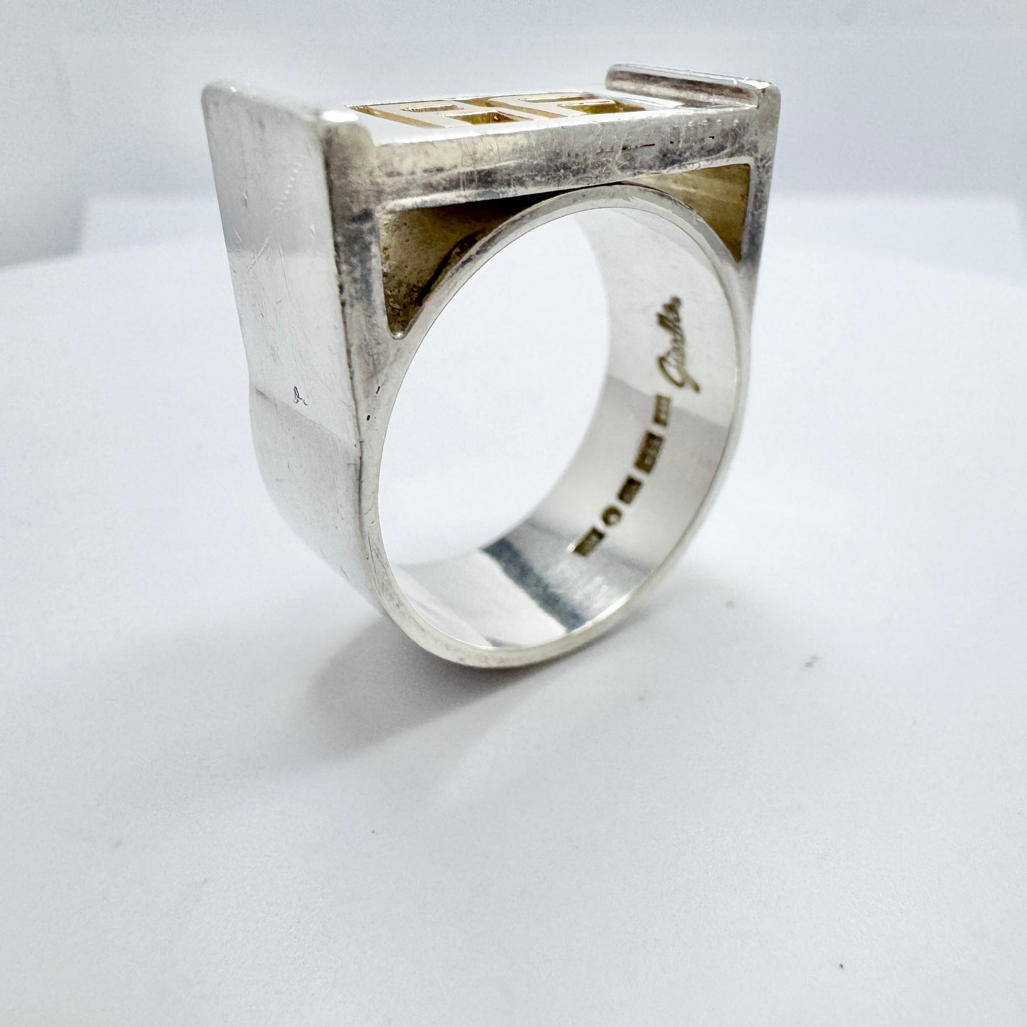 Claes E Giertta, Sweden. Chunky Sterling Silver 18k Gold Men's Signet Ring. Signed.