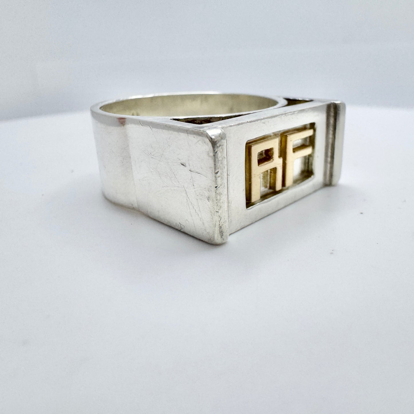 Claes E Giertta, Sweden. Chunky Sterling Silver 18k Gold Men's Signet Ring. Signed.