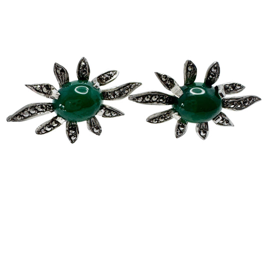 Raag & Havam, Sweden ca 1950s. Large Vintage Silver Chrysoprase Marcasite Earrings.