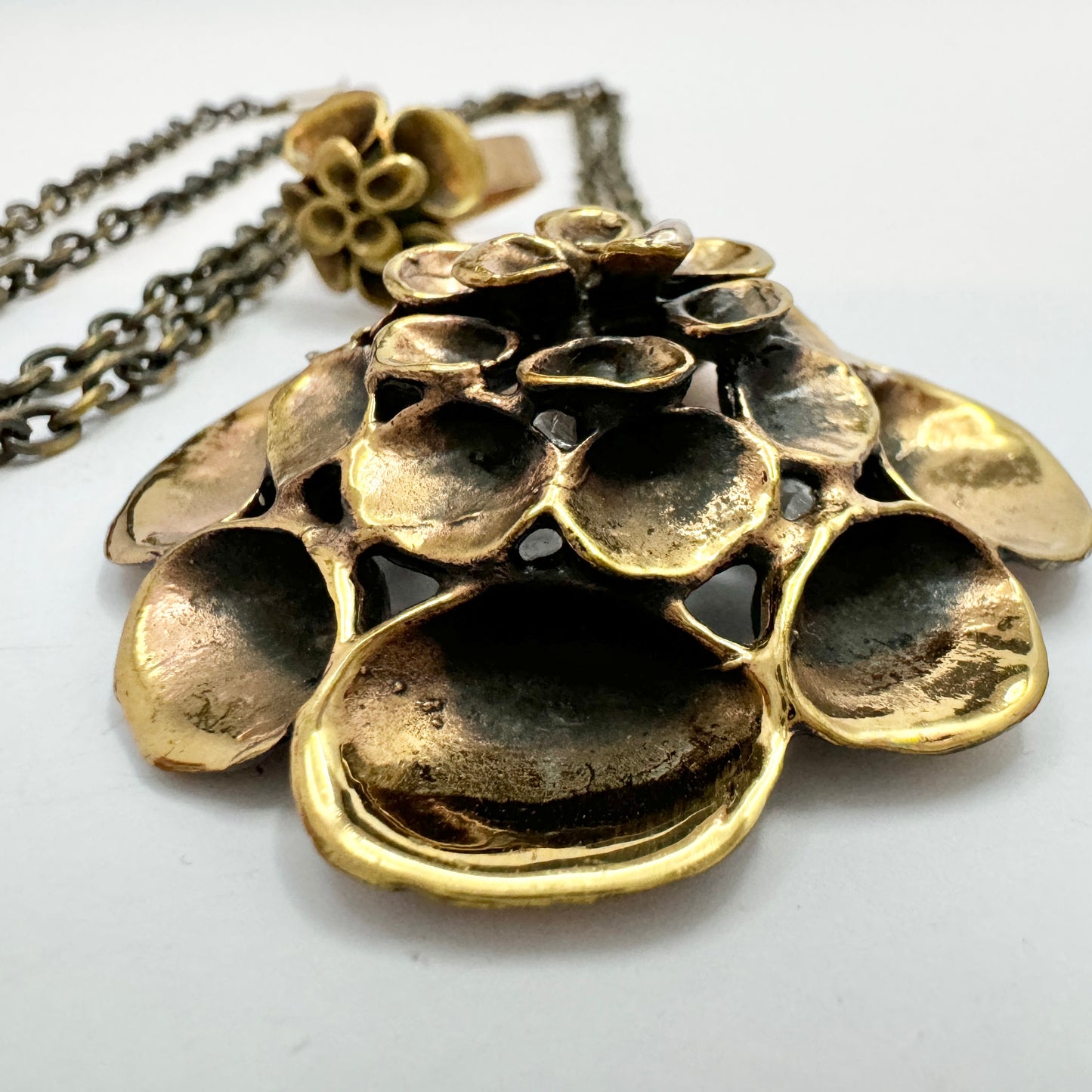 Hannu Ikonen, Finland 1970s Vintage Reindeer Moss Bronze Ring and Pendant Necklace.