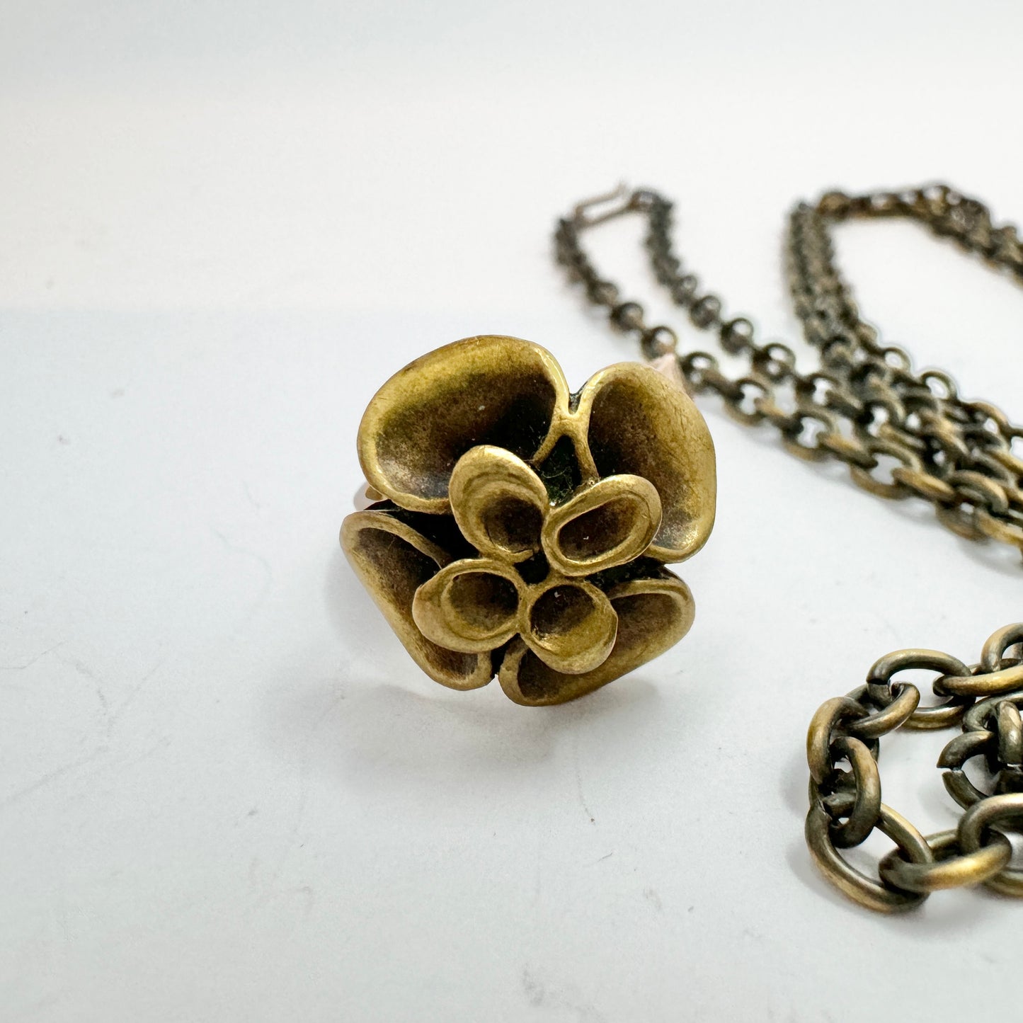 Hannu Ikonen, Finland 1970s Vintage Reindeer Moss Bronze Ring and Pendant Necklace.