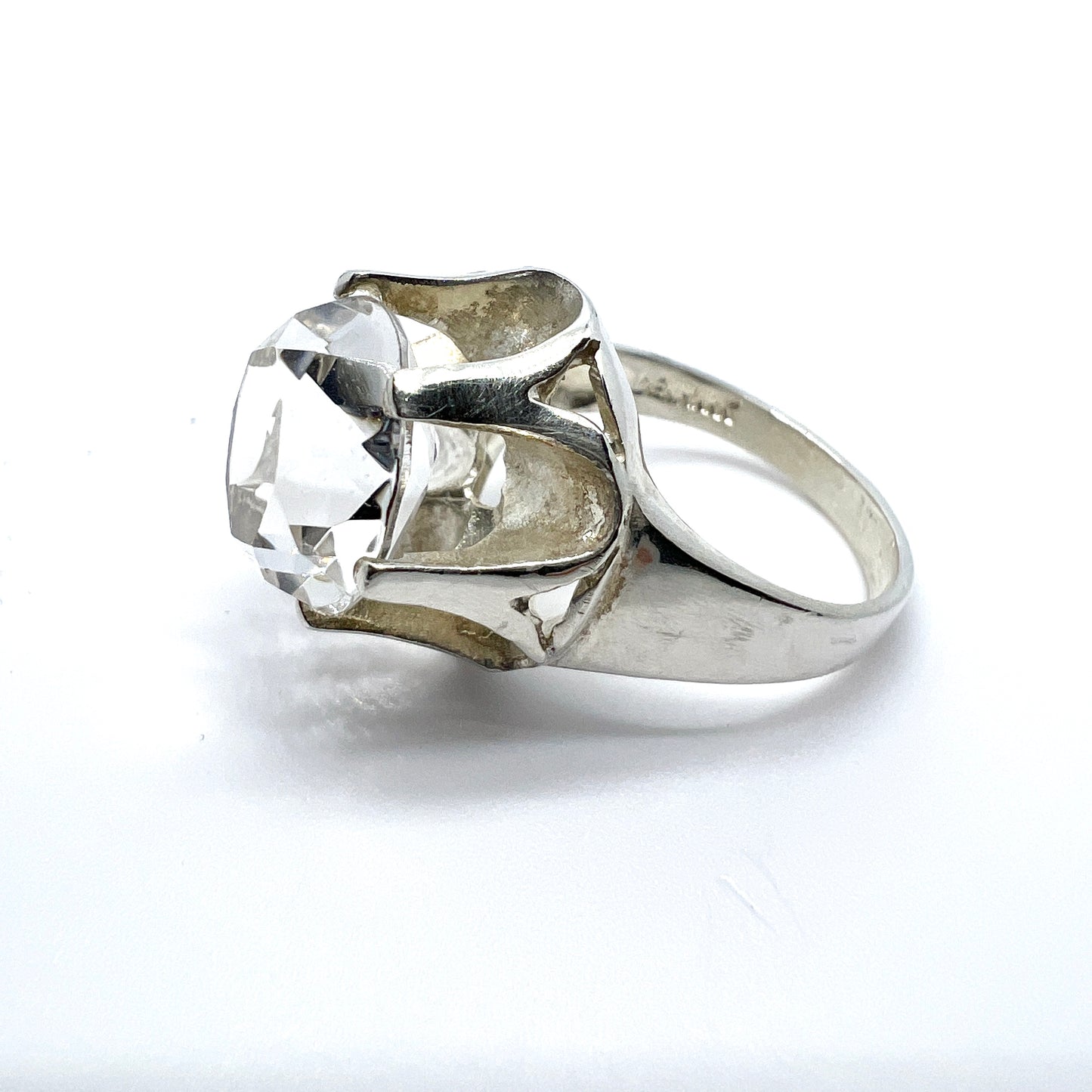 Denmark Vintage Modernist Sterling Silver Rock Crystal Ring.