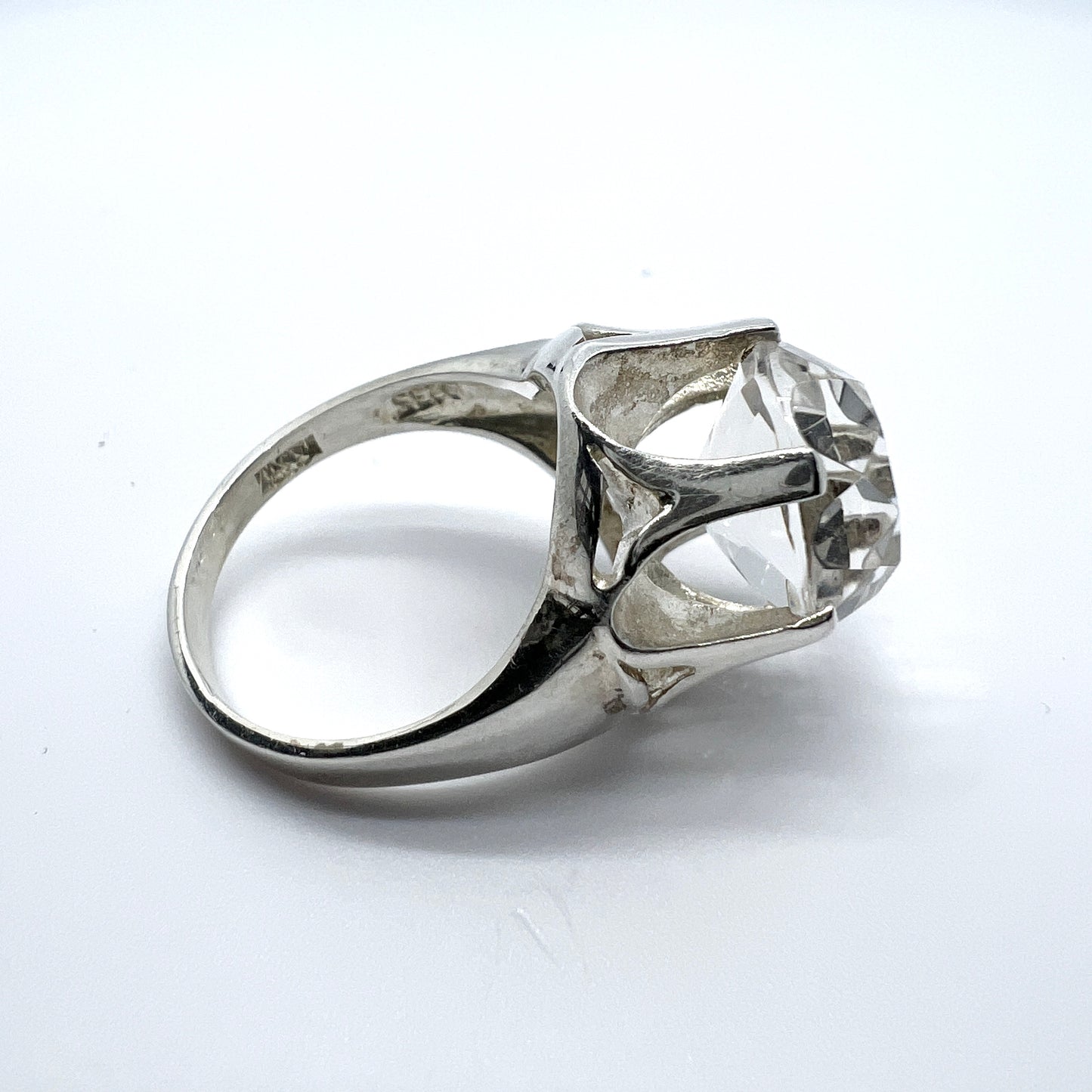 Denmark Vintage Modernist Sterling Silver Rock Crystal Ring.