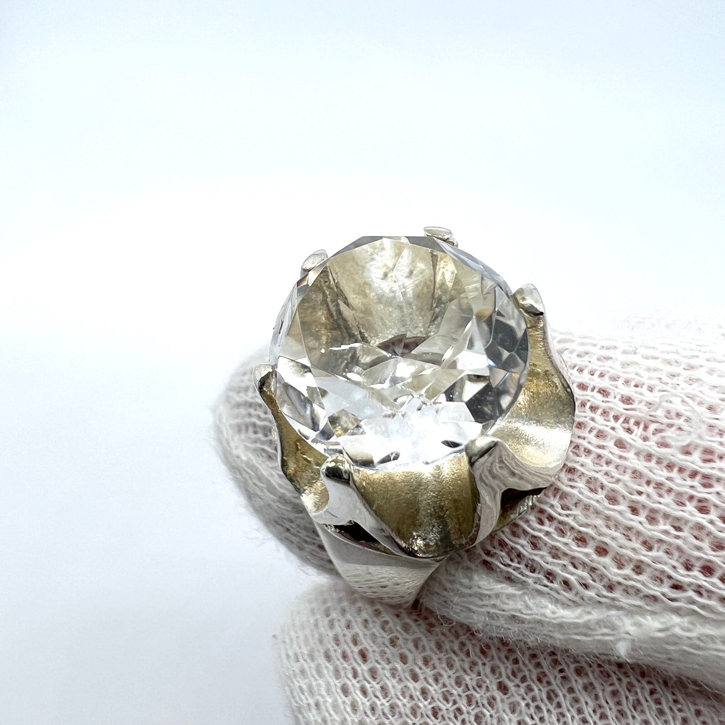 Denmark Vintage Modernist Sterling Silver Rock Crystal Ring.