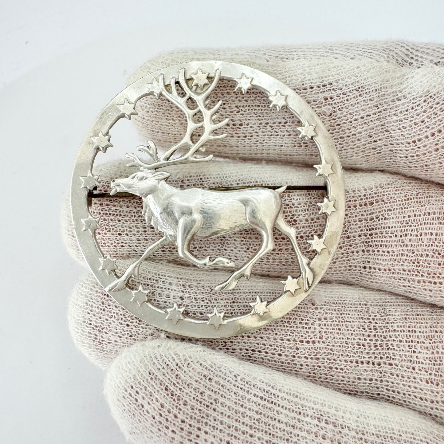 Lagerström, Sweden year 1950. Vintage Solid Silver Reindeer Brooch.