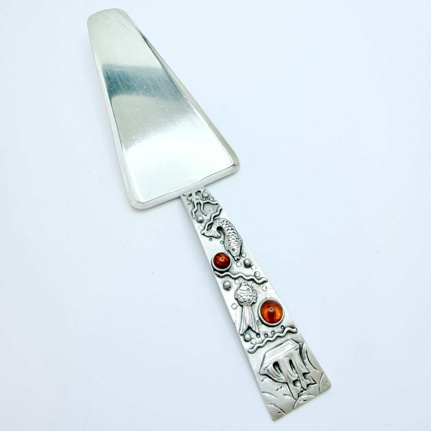 Walter Kramer for Georg Kramer. Fischland Germany Art Deco Silver Amber Cake Server
