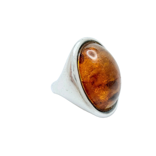 Horsens Solvvarefabrikk, Denmark 1960-70s. Bold Vintage Solid Silver Amber Ring