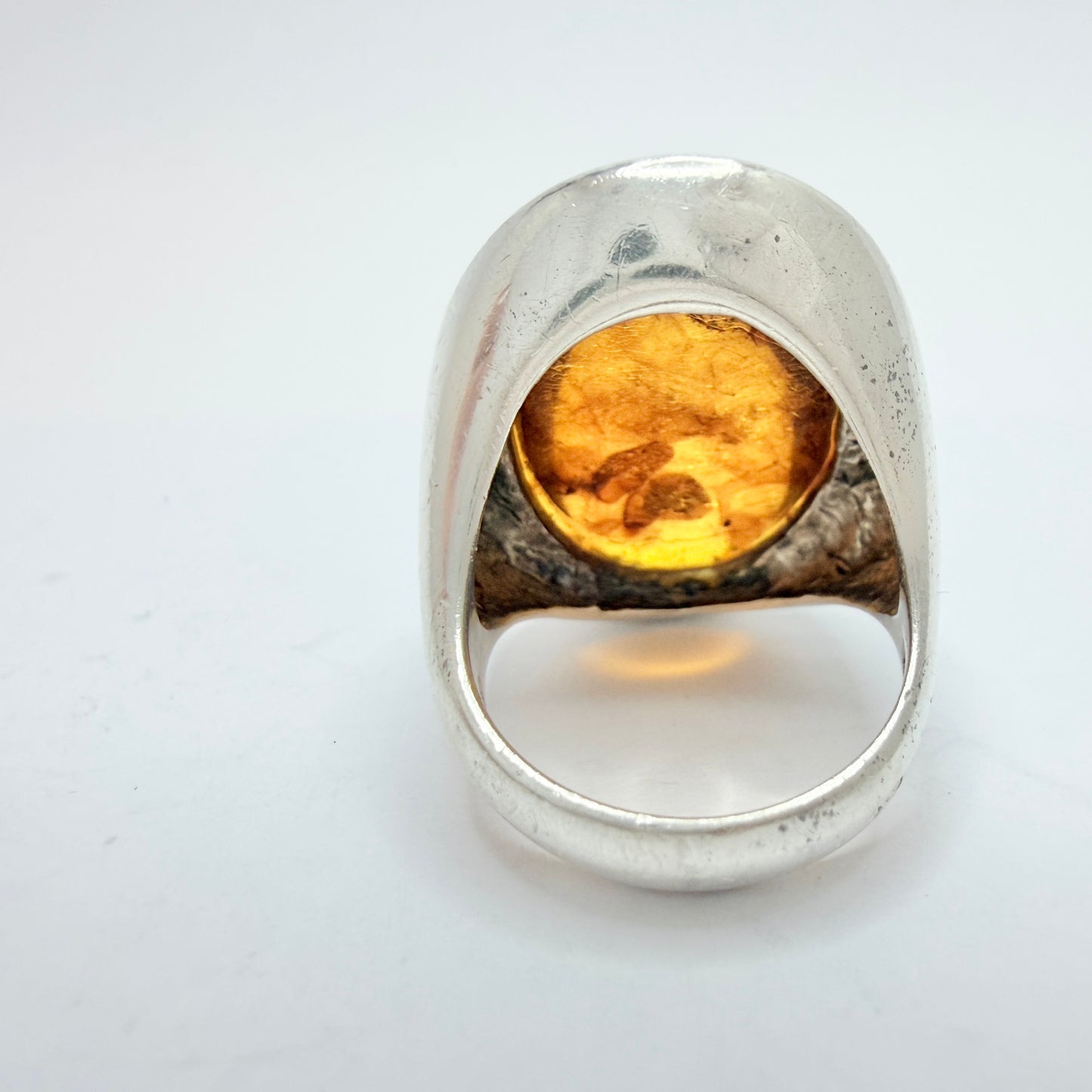 Horsens Solvvarefabrikk, Denmark 1960-70s. Bold Vintage Solid Silver Amber Ring