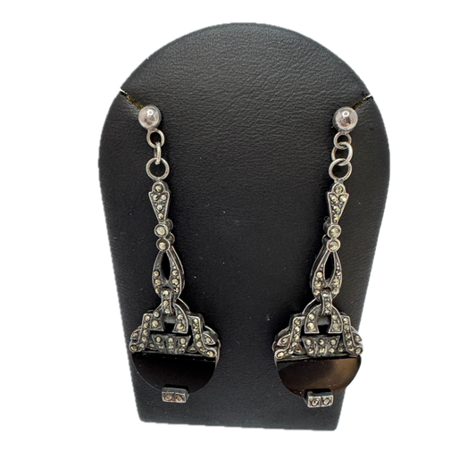 Vintage Art Deco-style Sterling Silver Onyx Marcasite Large Earrings.