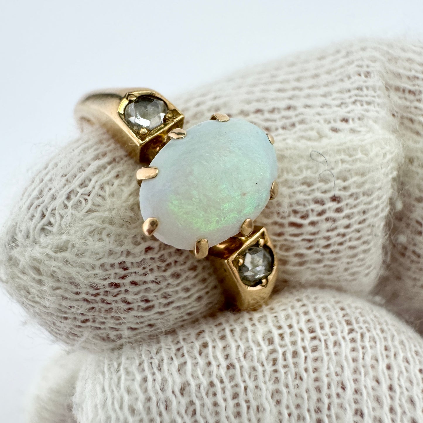 CA Sandberg, Sweden 1902. Antique 18k Gold Opal Diamond Ring.