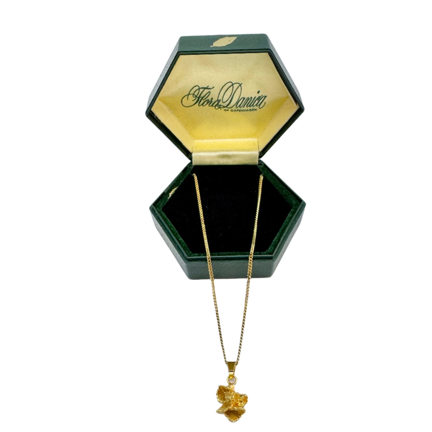 Flora Danica, Denmark. Vintage Gold Gilt Sterling Silver Pendant Necklace.