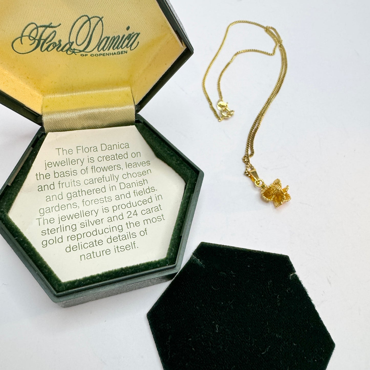 Flora Danica, Denmark. Vintage Gold Gilt Sterling Silver Pendant Necklace.