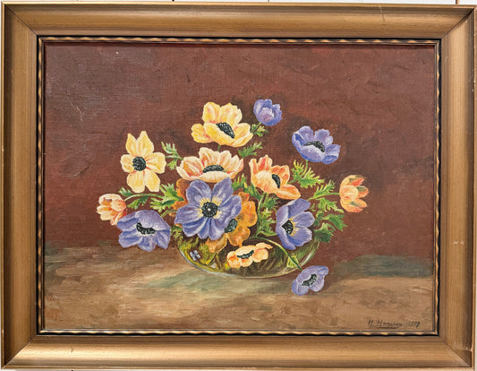 Signed year 1934. Vintage Scandinavian Still Life Spring Flowers Oil Painting.