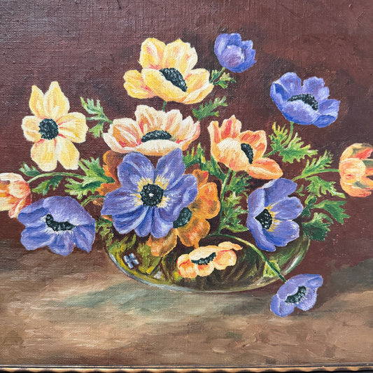 Signed year 1934. Vintage Scandinavian Still Life Spring Flowers Oil Painting.