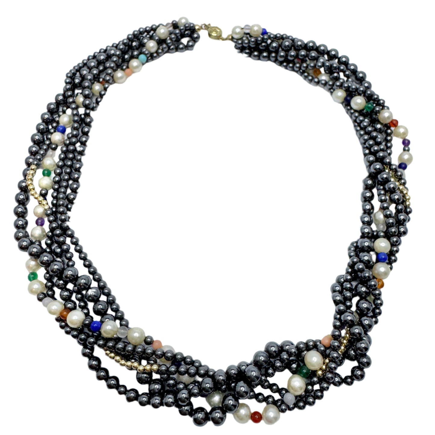 JKa Köhle, Germany. Vintage 14k Gold Hematite Pearl Multi Hardstone Necklace.