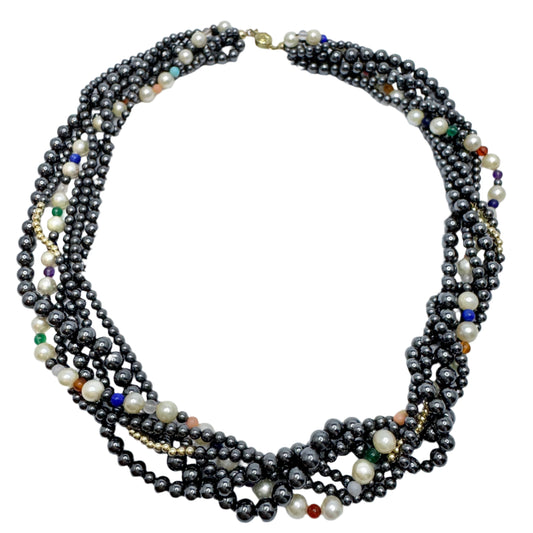 JKa Köhle, Germany. Vintage 14k Gold Hematite Pearl Multi Hardstone Necklace.